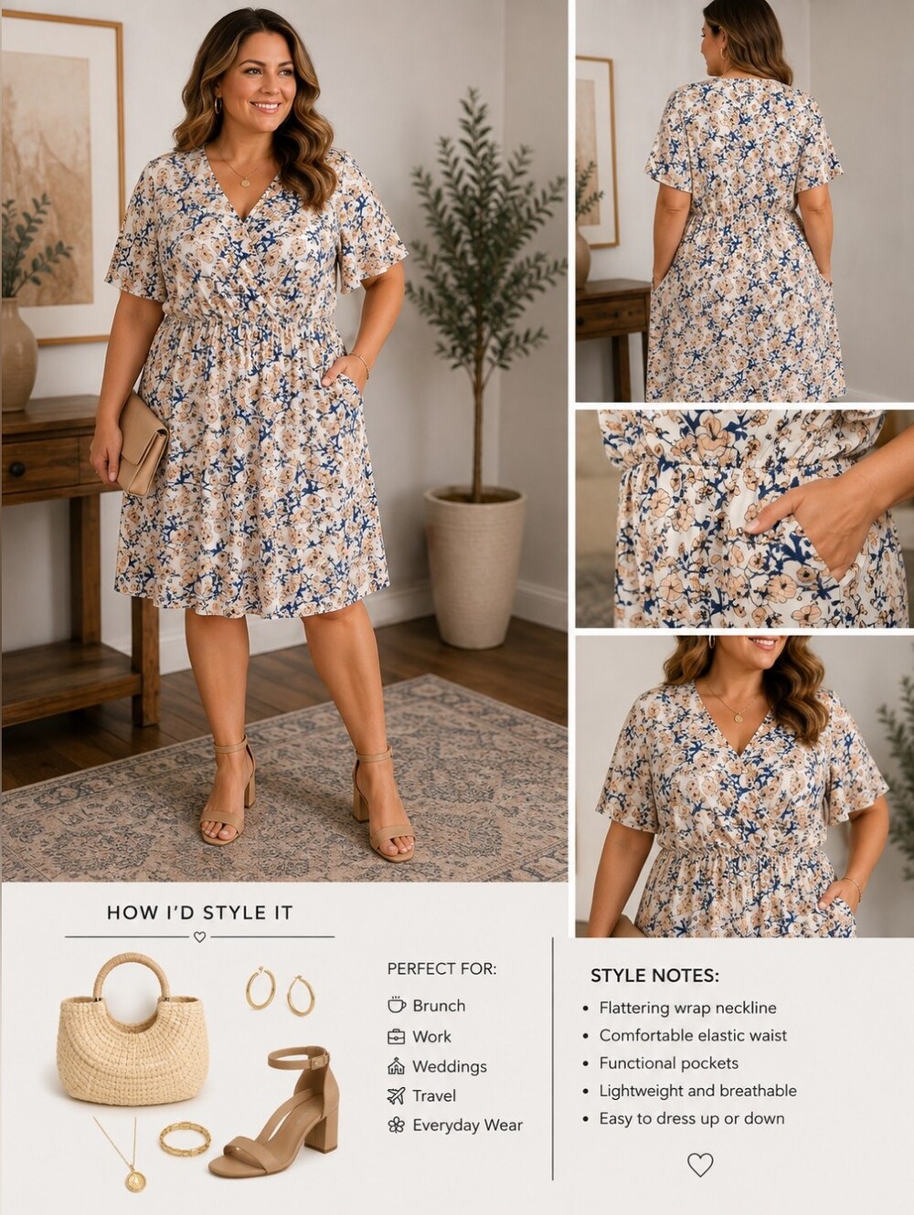 Floral Wrap-Style Women's Dress in Cream and Blue